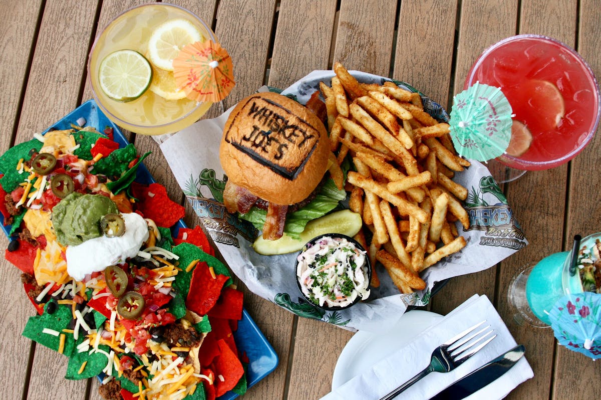 food displayed on a wooden table